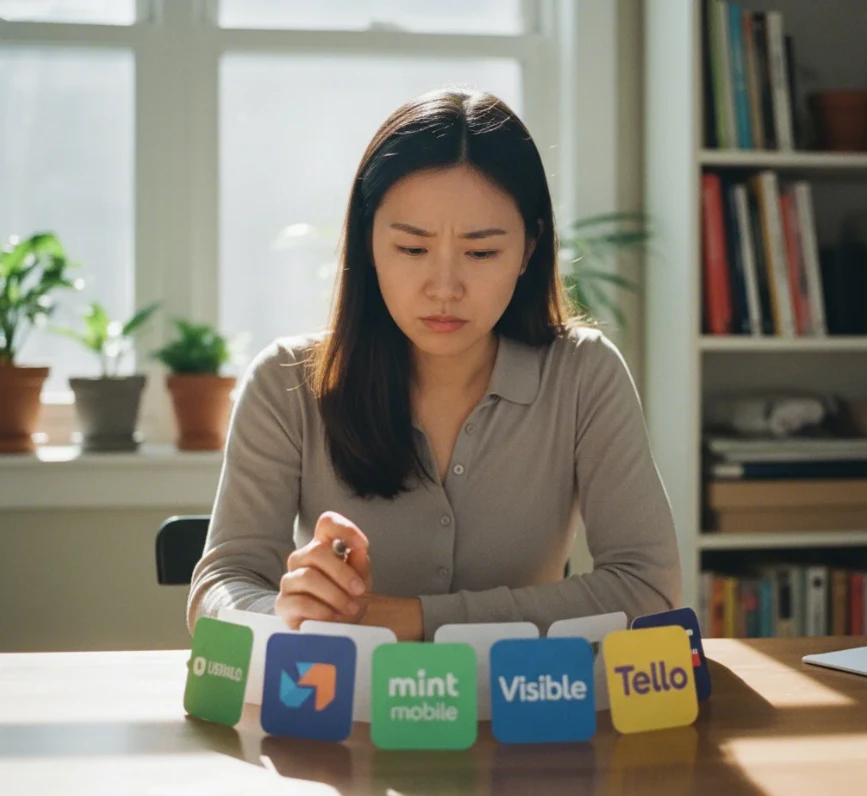 여러 MVNO 요금제 옵션을 비교하는 한국 여성