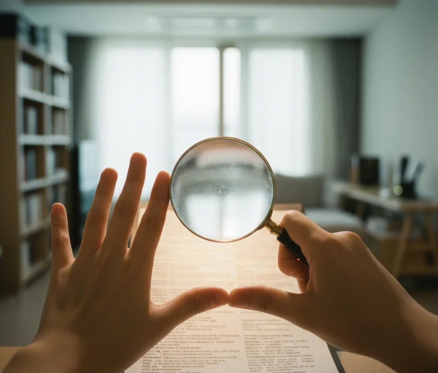 요금제 약관을 돋보기로 확인하는 한국 여성의 손