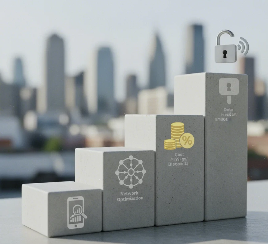 통신비 최적화를 위한 4단계 전략을 상징하는 계단식 블록