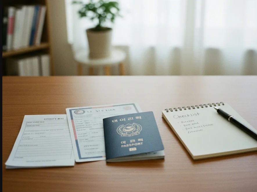 여권, 비자 서류 등 미국 은행 계좌 개설 필수 서류가 정리된 책상
