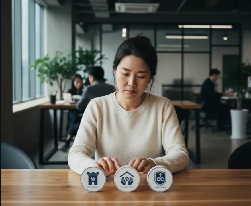 대형 은행, 지역 은행, 신용 협동조합 세 가지 유형을 비교하는 한국 여성