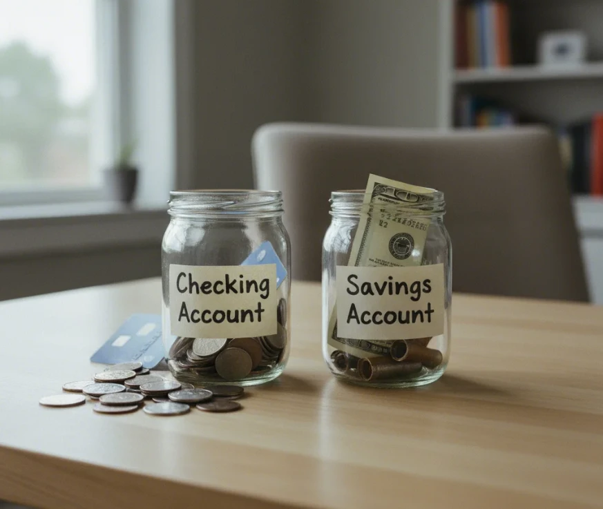 체킹 계좌와 저축 계좌의 목적을 나타내는 두 개의 분리된 통장 또는 병