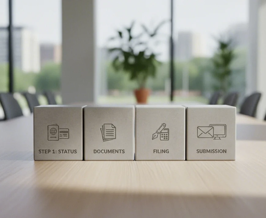 미국 세금 신고의 4단계 절차를 상징하는 순서도 또는 블록