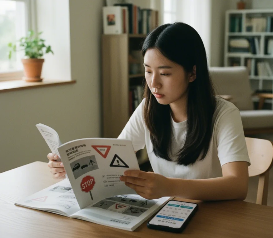 운전자 핸드북을 펼쳐 놓고 교통 표지판을 공부하는 한국 여성