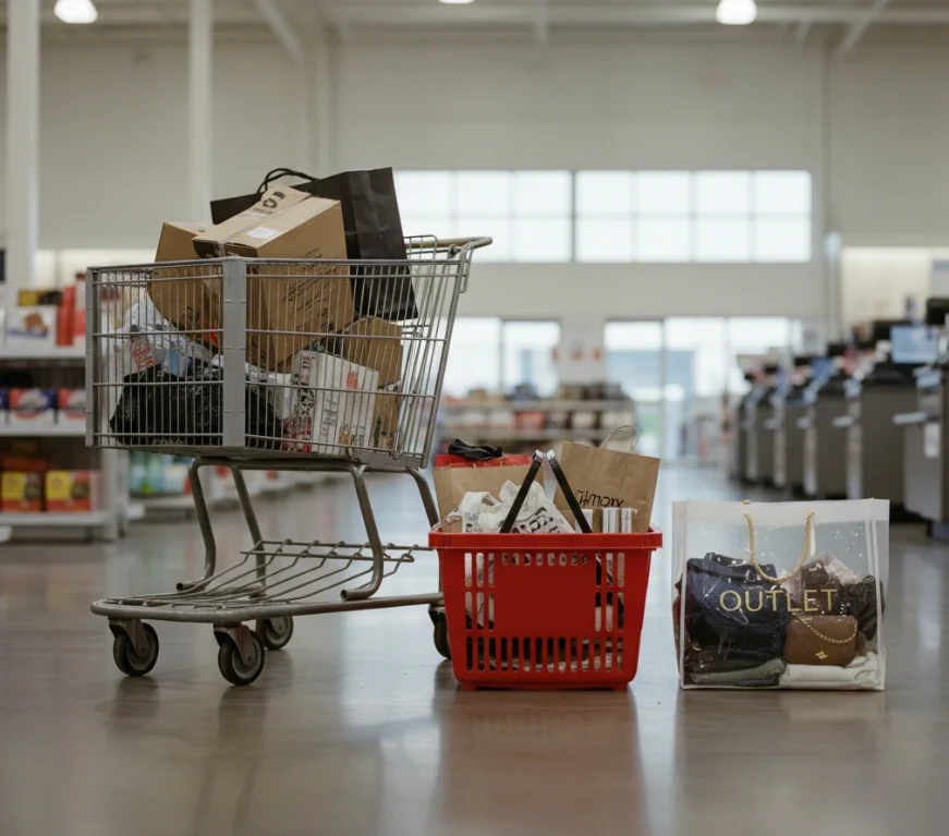 창고형, 오프 프라이스, 아울렛을 상징하는 다양한 쇼핑 바구니