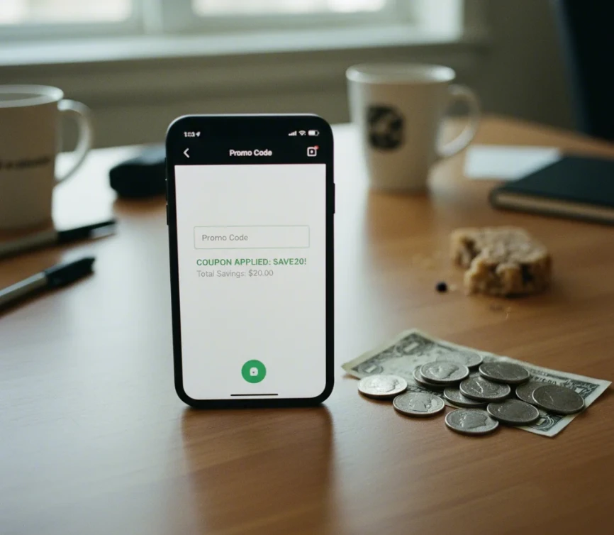 온라인 쿠폰 코드와 캐시백 리베이트를 상징하는 현금과 스마트폰