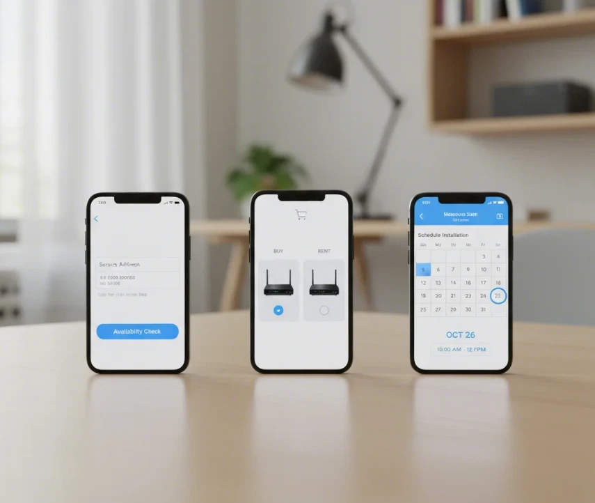 인터넷 가입의 3단계 절차를 보여주는 세 개의 스마트폰 화면