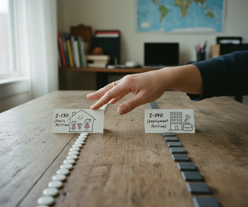 가족 초청(I-130)과 취업 기반(I-140) 두 가지 이민 비자 유형을 비교하는 모습