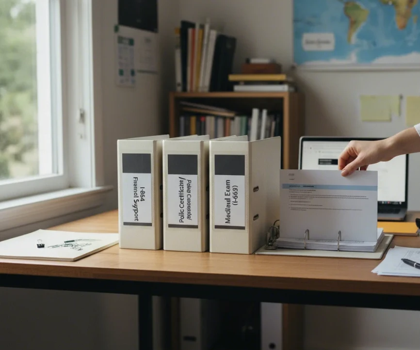 NVC 단계를 위해 재정 보증, 신원 조회 등 필수 서류를 분류하는 모습