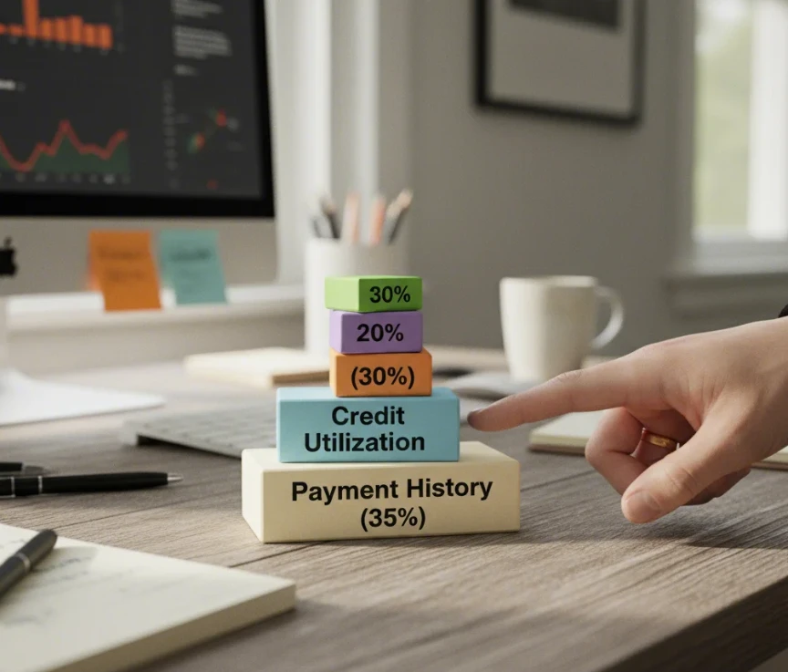 FICO 스코어의 5가지 핵심 평가 요소 비중을 나타내는 그래프