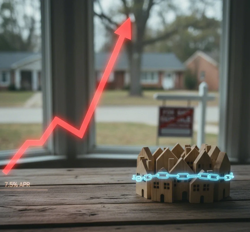 높은 모기지 금리(상승 곡선)와 적은 주택 재고(Lock-in Effect)를 상징하는 이미지