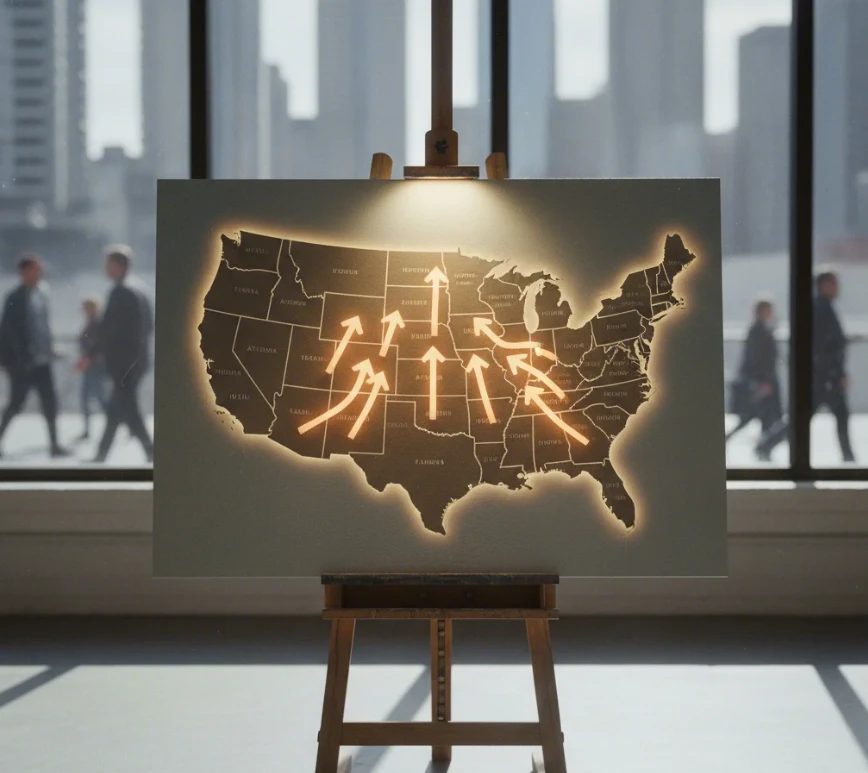 미국 지도에서 선벨트(남부 및 남서부) 지역으로 인구가 이동하는 모습