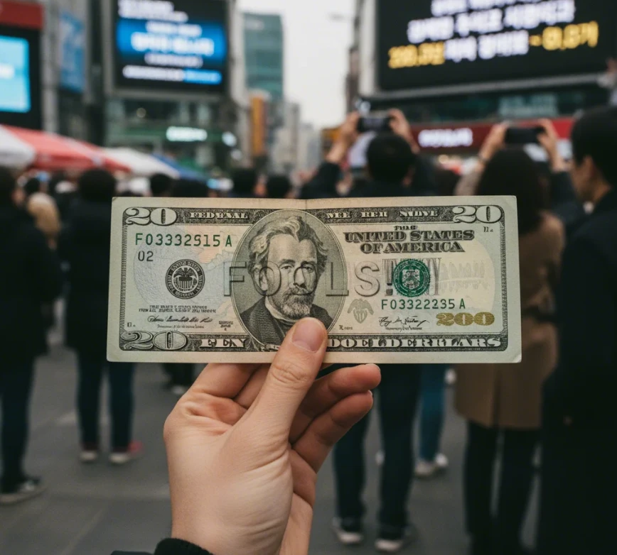 'FOOLS!' 문구가 인쇄된 듯한 2,000달러 지폐를 바라보는 한국 여성의 손 모습