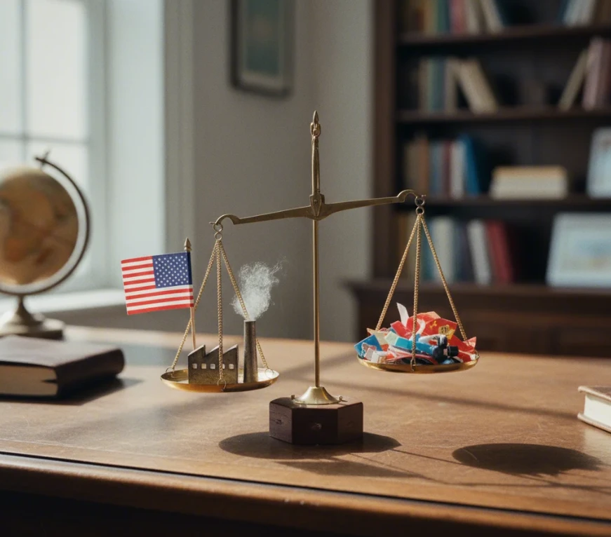 미국 국기와 외국 국기 조각이 놓인 저울이 미국 국기 쪽으로 기울어져 무역 균형 재조정 목표를 나타내는 모습