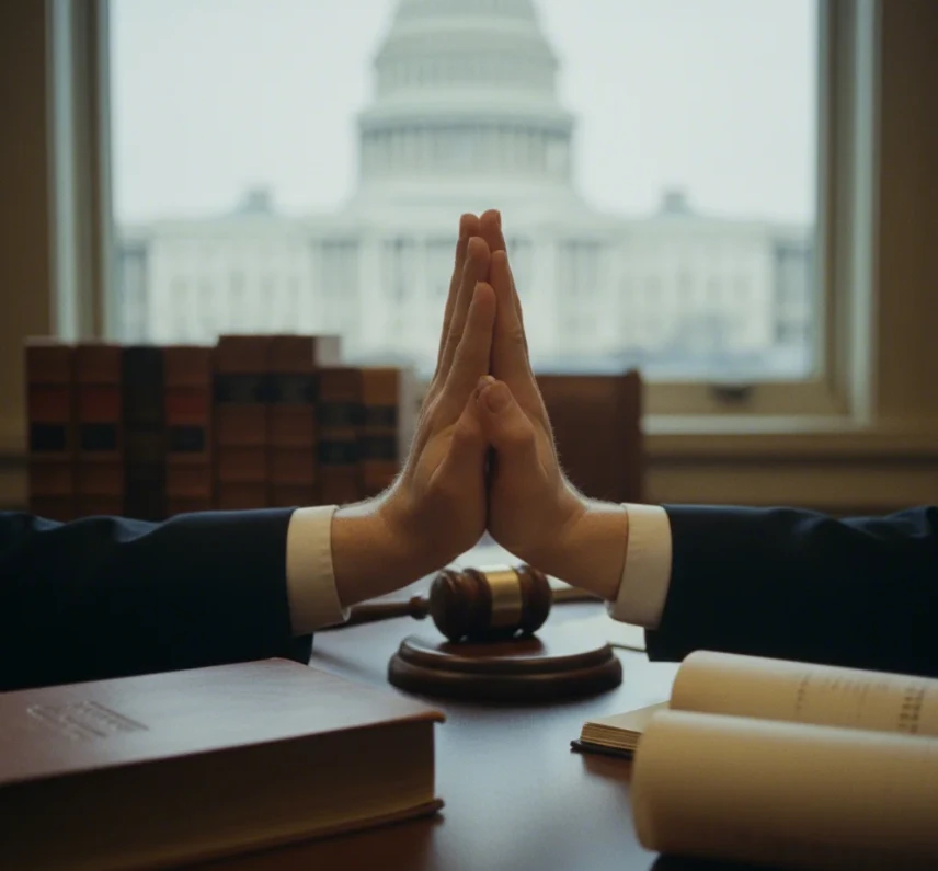 법전 위에 놓인 두 손이 서로 밀어내는 듯한 모습이 행정부와 입법부 간의 권한 충돌을 상징하는 모습