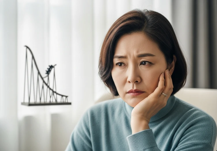 복잡한 표정의 중년 여성과 롤러코스터