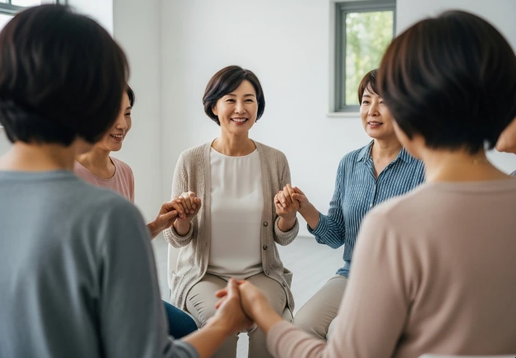 지지 그룹 모임에서 손잡은 여성들