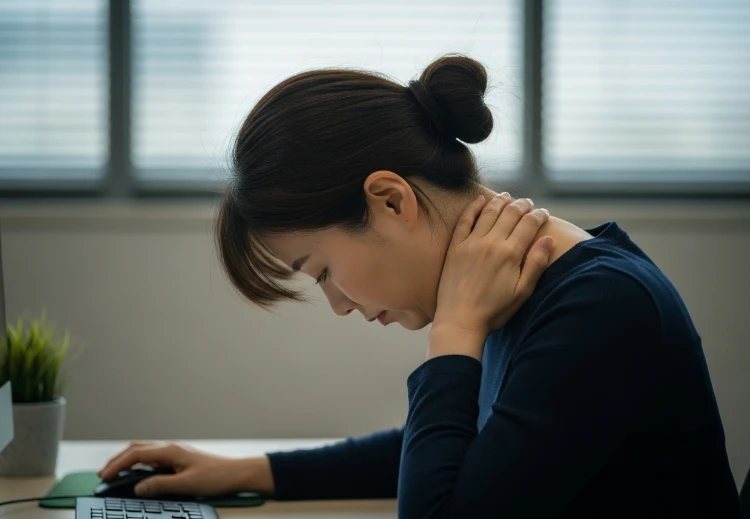 컴퓨터 앞에서 거북목 자세의 여성