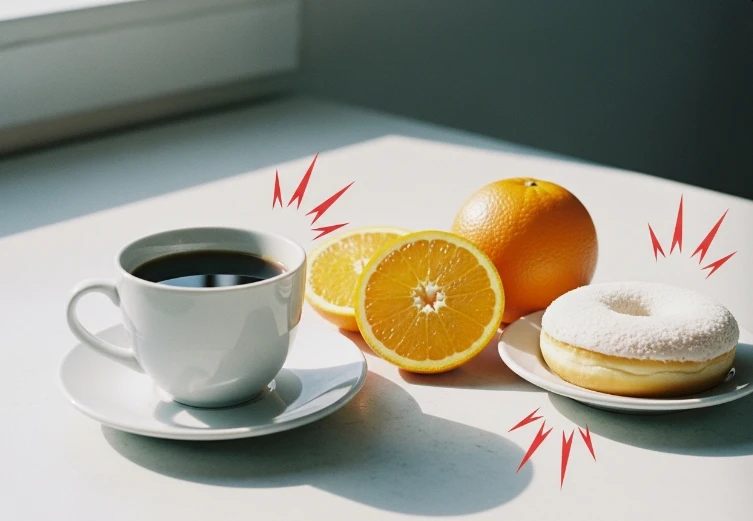 커피, 오렌지, 흰 빵 등 공복에 나쁜 음식 모음
