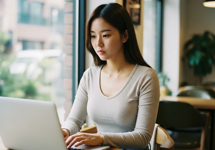 카페에서 노트북으로 청년내일저축계좌 조건을 확인하는 한국 여성.