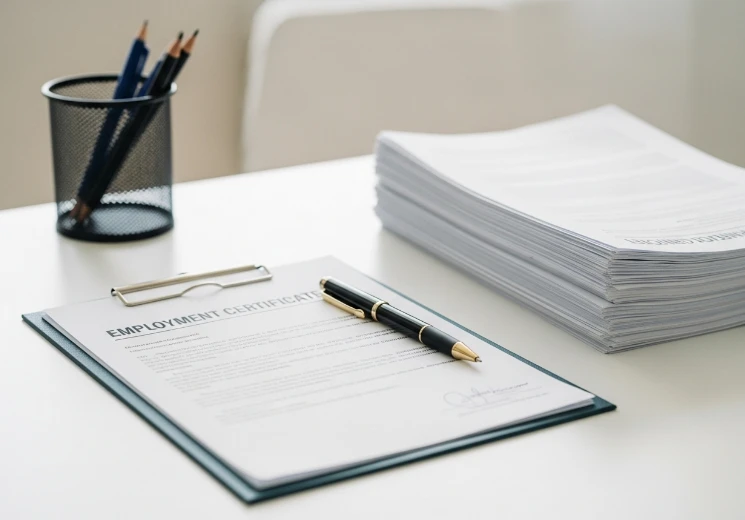 책상 위에 깔끔하게 정리된 청년내일저축계좌 신청 필요 서류 더미와 체크리스트.