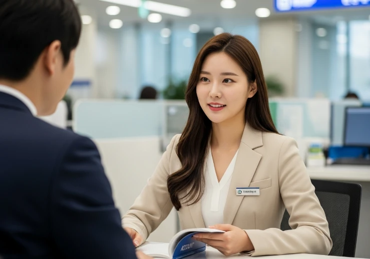 은행 창구에서 청년도약계좌 부분 인출에 대해 상담하는 한국 여성.
