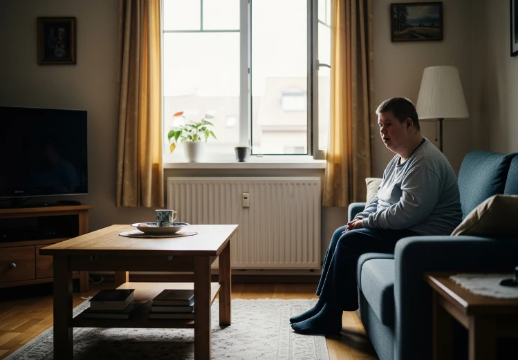 따뜻하고 안락한 집 내부에서 평온하게 휴식하는 중증장애인 또는 그를 상징하는 실루엣.