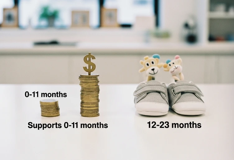 만 0세와 만 1세 아동 월령별 부모급여 지원 금액 차이를 상징하는 동전 더미.