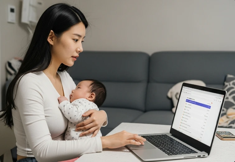 아기를 돌보면서 노트북으로 복지로 행복출산 원스톱 서비스를 이용하는 한국 여성.