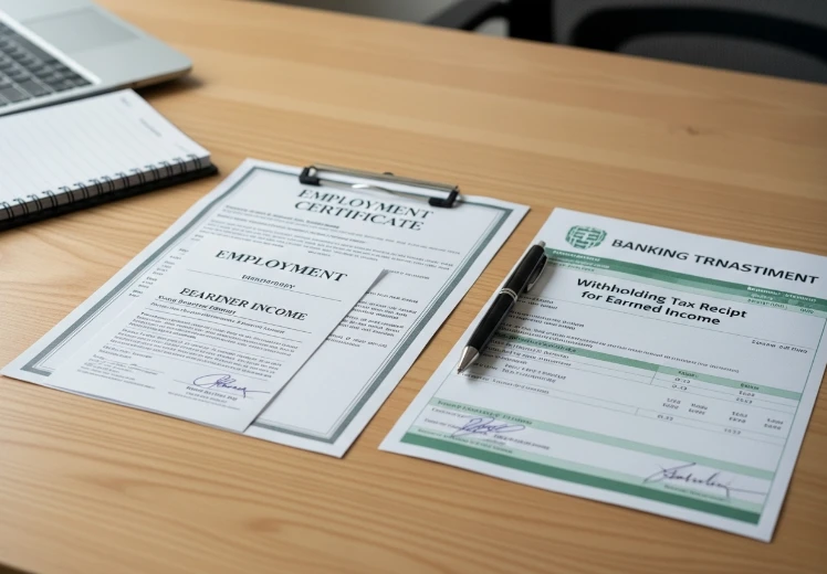 근로소득 원천징수영수증과 재직증명서, 그리고 급여 통장 내역 등 소득 증빙 서류.