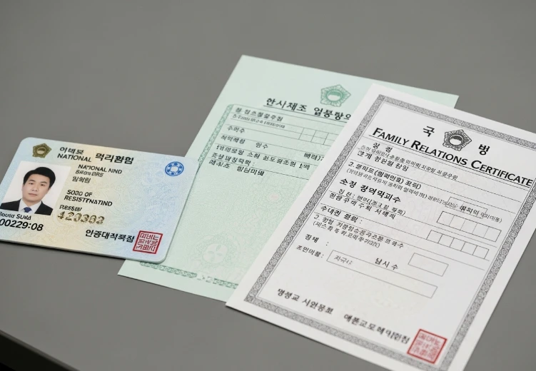 주민등록등본, 가족관계증명서, 신분증 등 청년 전세대출 기본 확인 서류 클로즈업.