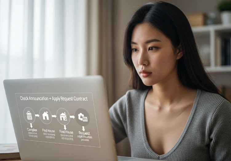 LH 청약센터 웹사이트에서 청년전세임대 신청 절차(플로우차트)를 확인하는 한국 청년. LH 청약센터 웹사이트에서 청년전세임대 신청 절차(플로우차트)를 확인하는 한국 청년.