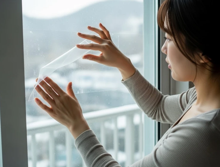 창문에 단열 뽁뽁이를 붙이는 한국 여성의 손 창문에 단열 뽁뽁이를 붙이는 한국 여성의 손