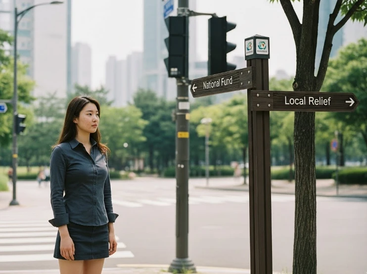 갈림길에서 두 방향을 가리키는 표지판을 보는 한국 여성