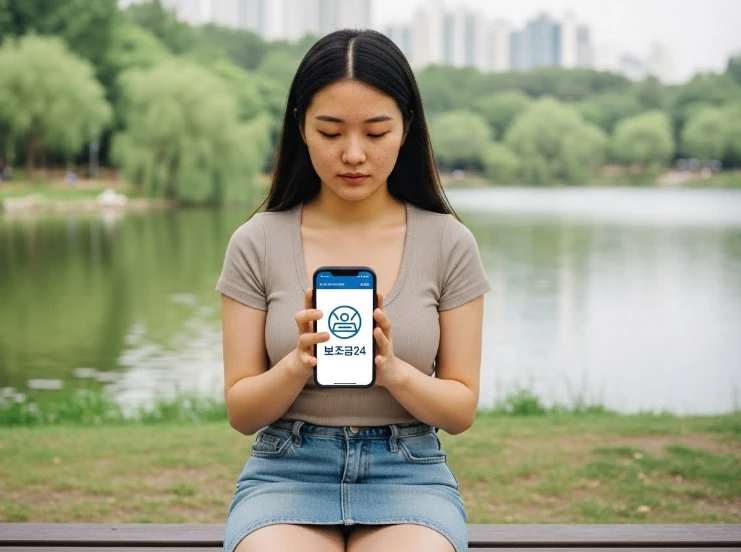 스마트폰 '보조금24' 화면을 확인하는 한국 여성