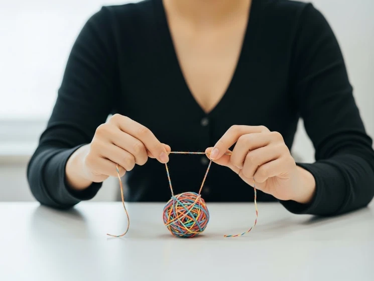 복잡하게 얽힌 실타래를 푸는 한국 여성의 손 복잡하게 얽힌 실타래를 푸는 한국 여성의 손