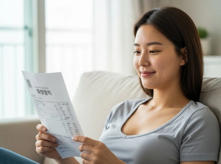 난방비 고지서를 보며 편안하게 미소 짓는 한국 여성 난방비 고지서를 보며 편안하게 미소 짓는 한국 여성