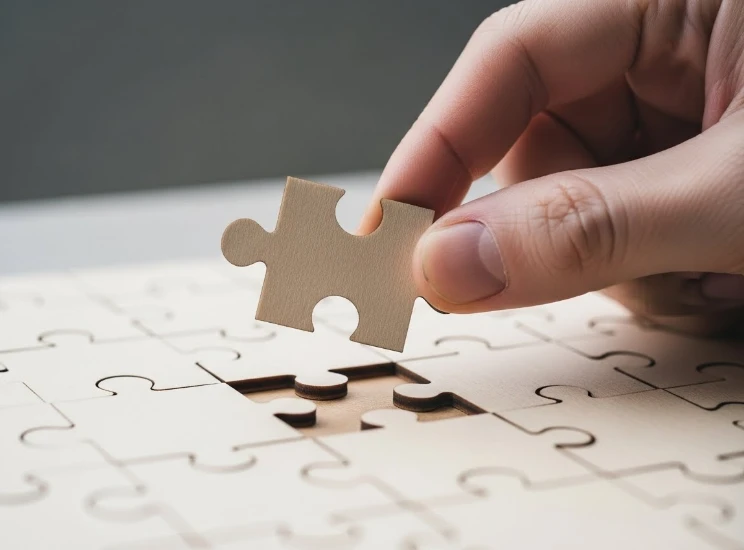 깨진 퍼즐 조각을 다시 맞추려고 노력하는 손