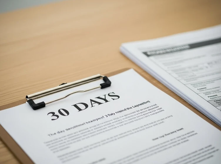 '30일'이 강조된 클립보드와 공식 신청 서류