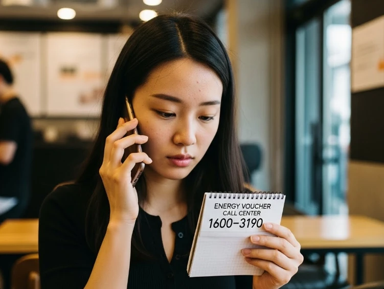 콜센터 번호가 적힌 종이를 보며 전화하는 한국 여성