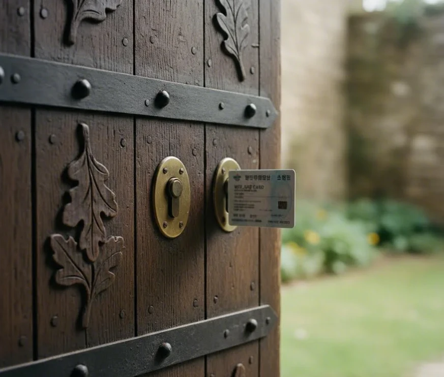 두 개의 열쇠 구멍이 있는 문과 복지카드 열쇠