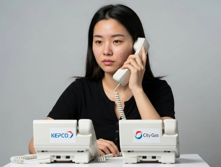 한전 및 도시가스 로고 옆에서 전화 상담하는 한국 여성