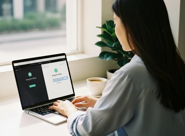 시크릿 모드와 캐시 삭제 메뉴가 열린 노트북 화면