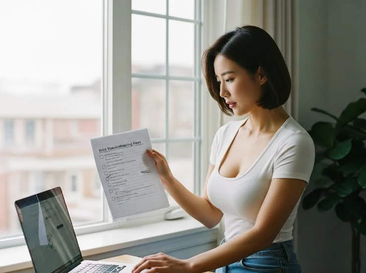 5단계 문제 해결 체크리스트를 보는 한국 여성