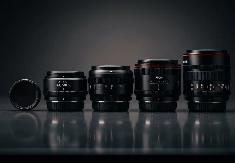 순서대로 배열된 다섯 개의 카메라 렌즈 또는 필터