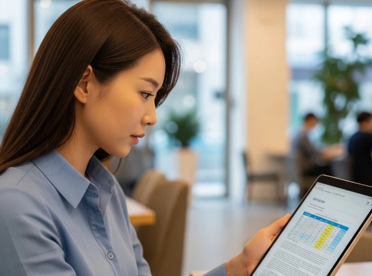 한국 여성이 최신 백신 권고 자료를 태블릿으로 확인하는 모습