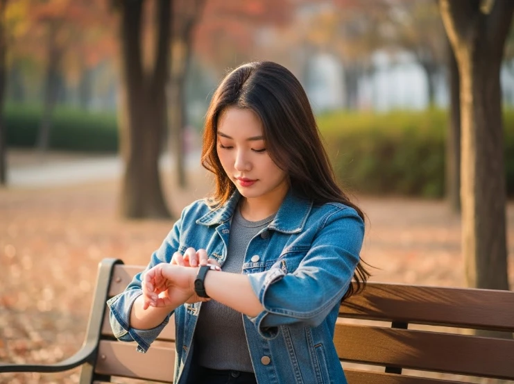 공원 벤치에 앉아 시계를 확인하는 한국 여성