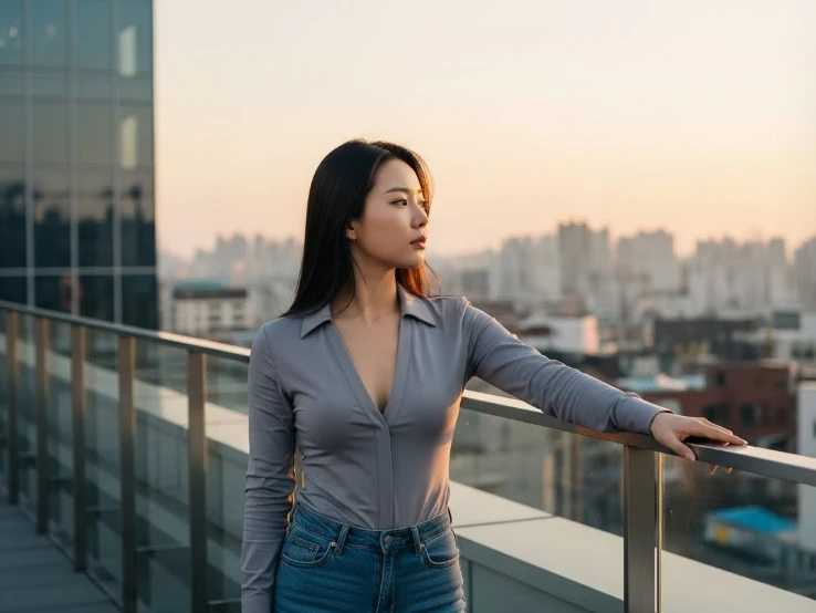 도심 옥상에서 목표를 응시하는 젊은 한국 여성