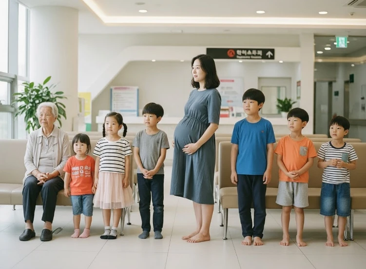 다양한 연령대가 병원 접수대 앞에서 대기하는 모습