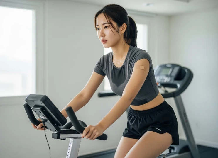 실내 자전거를 타는 건강한 한국 여성
